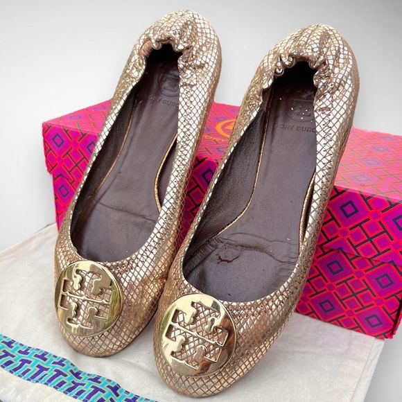Tory Burch Gold Snakeskin Embossed Leather Reva Logo Ballerina Flats Sz 7(M) - Picture 6 of 14